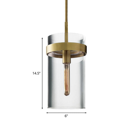 Postmodern Brass Cylinder Pendant Light With Clear Glass - Single Ceiling Lamp Kit