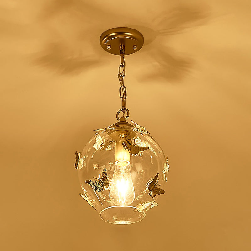 Clear Glass Bud Drop Pendant Light - Contemporary 1-Light Bedroom Suspension Lamp with Butterfly Deco