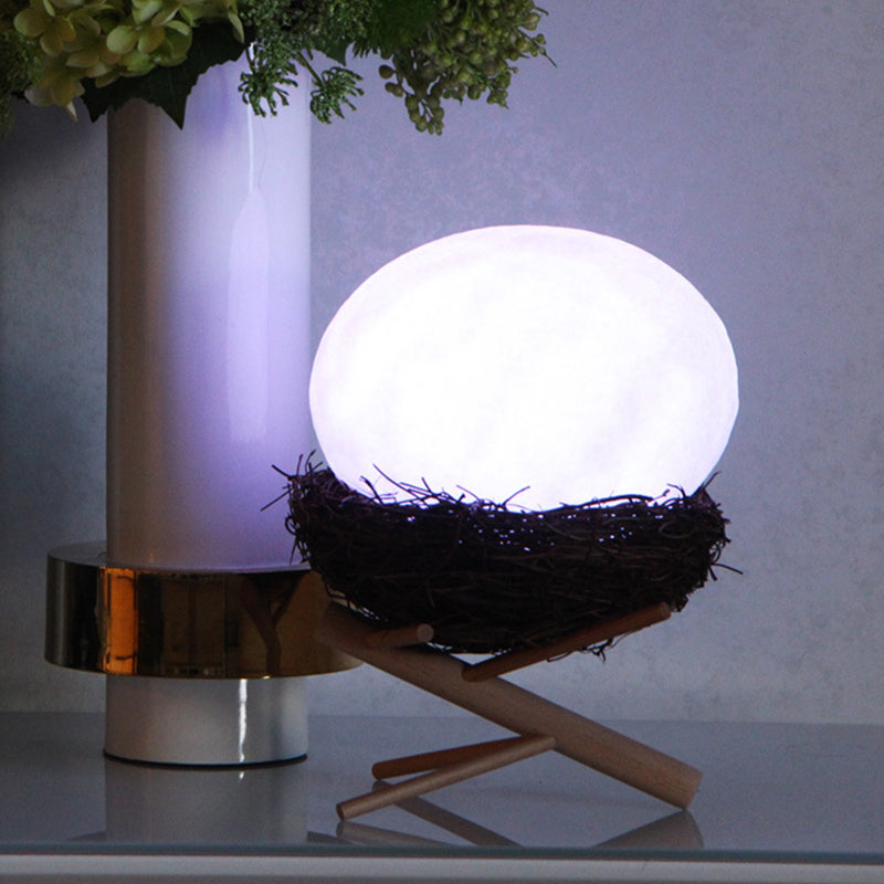 Rechargeable White Egg Nightstand Light - Kids Creative Led Table Lamp With Wood Stand And Nest