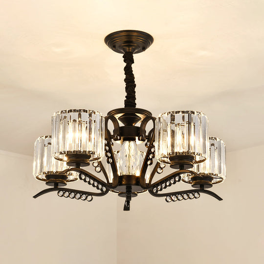 Modern Black Ceiling Chandelier with Crystal Cylinder Shade - 3/5 Heads - Perfect for Living Rooms