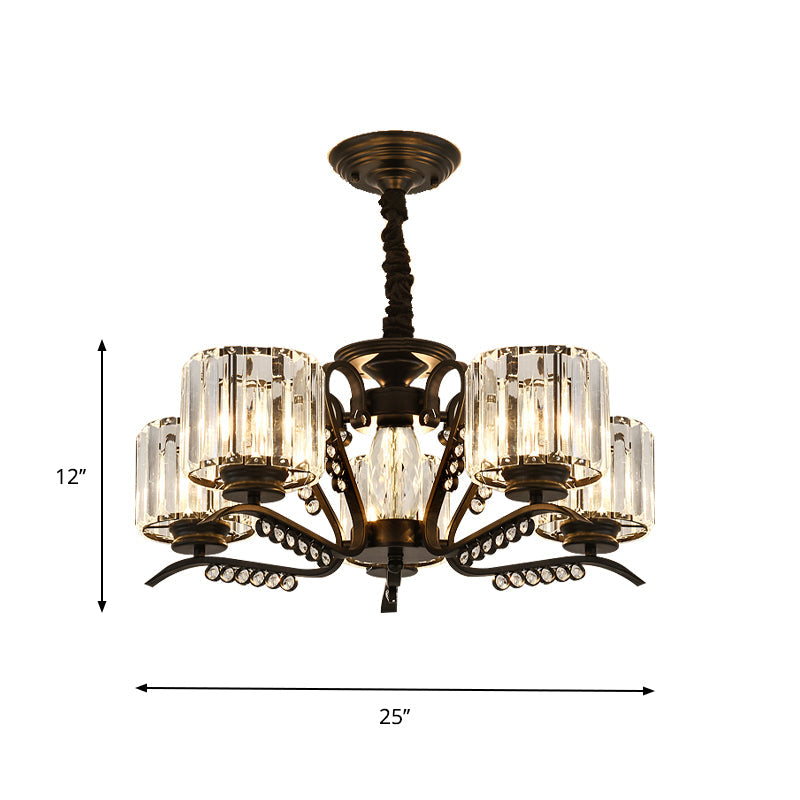 Modern Black Ceiling Chandelier with Crystal Cylinder Shade - 3/5 Heads - Perfect for Living Rooms