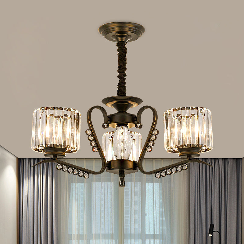 Modern Black Ceiling Chandelier with Crystal Cylinder Shade - 3/5 Heads - Perfect for Living Rooms