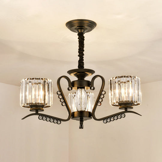 Modern Black Ceiling Chandelier with Crystal Cylinder Shade - 3/5 Heads - Perfect for Living Rooms