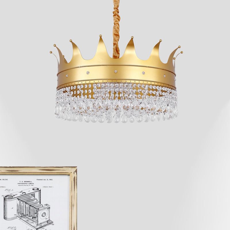 Gold Crown Chandelier With Crystal Droplets - Modern 4-Bulb Pendant Light For Living Room