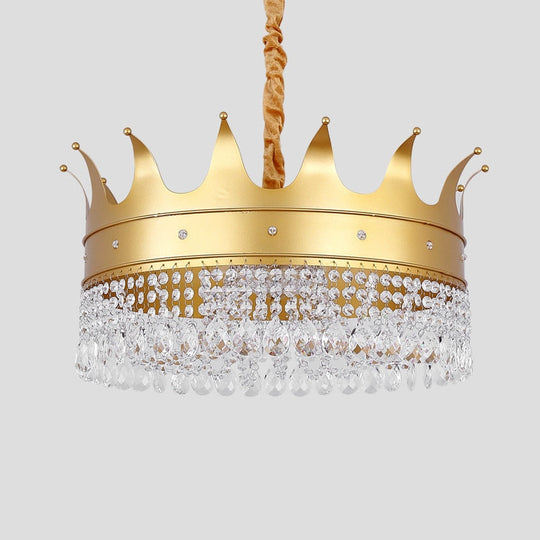 Gold Crown Chandelier With Crystal Droplets - Modern 4-Bulb Pendant Light For Living Room