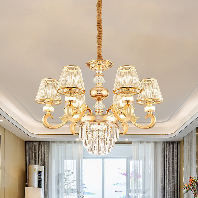 Modern 3-Tier Gold Crystal Chandelier with Conic Shade - 6/8 Heads, Perfect for Living Room