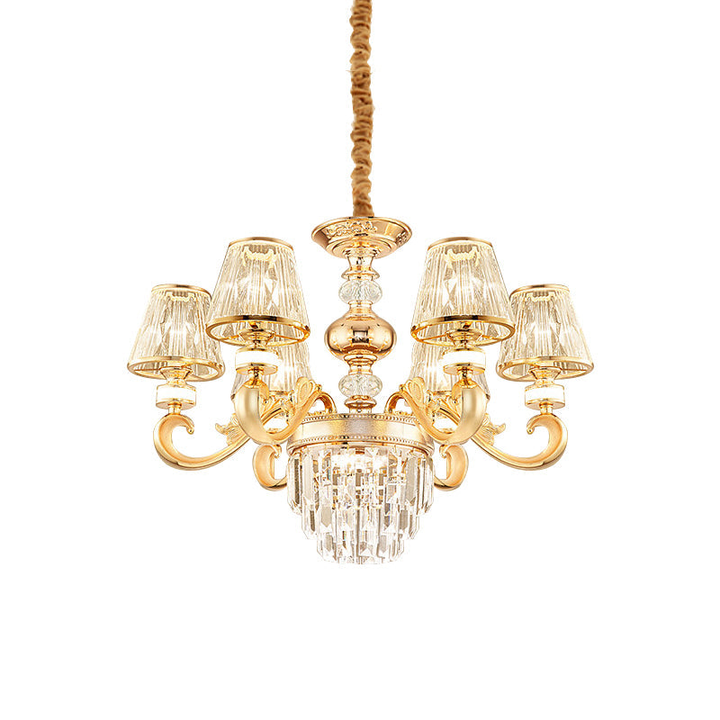 Modern 3-Tier Crystal Chandelier With Conic Shade - Gold Finish 6/8 Heads Living Room Hanging Lamp