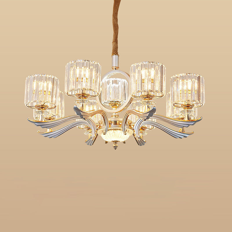 Contemporary Crystal Block Cylinder Suspension Light Chandelier - Silver, 6/8-Head - Ideal for Dining Rooms