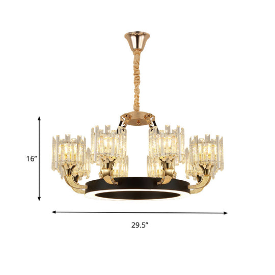 Modern Metal Ring Chandelier with Crystal Shade - 6/8-Bulb Pendant Light for Living Room in Black & Gold
