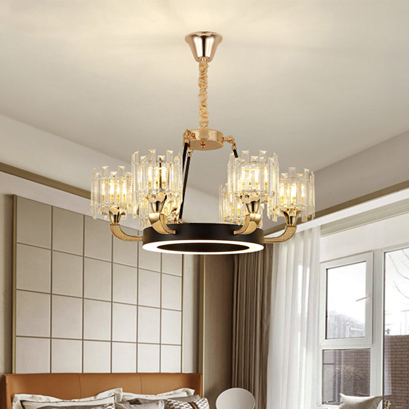 Modern Metal Ring Chandelier with Crystal Shade - 6/8-Bulb Pendant Light for Living Room in Black & Gold