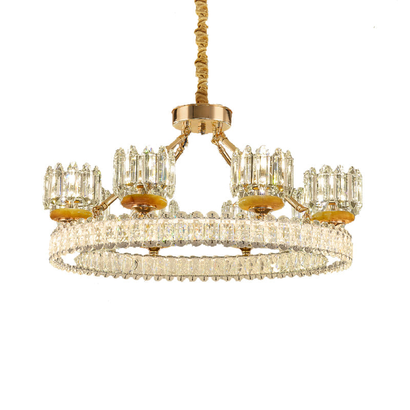 Modern Cylinder Crystal Chandelier Ceiling Light with Gold Ring - 6/8 Bulb Options