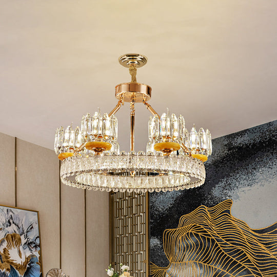 Modern Crystal Block Cylinder Chandelier With Gold Ring - 6/8 Bulb Ceiling Lamp For Living Room