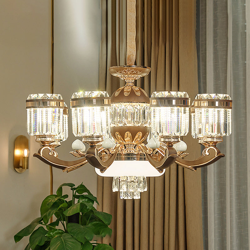 Modern Gold Chandelier Pendant Light With Crystal Block Shade - 6/8 Lights Living Room Ceiling Hang