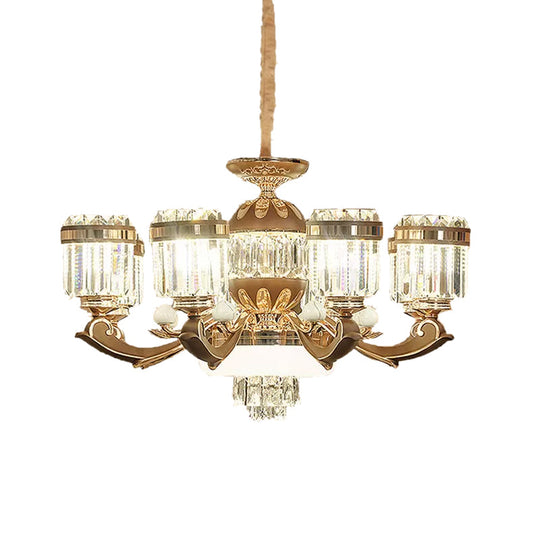 Modern 6/8-Light Gold Chandelier Pendant with Crystal Block Shade for Living Room Ceiling