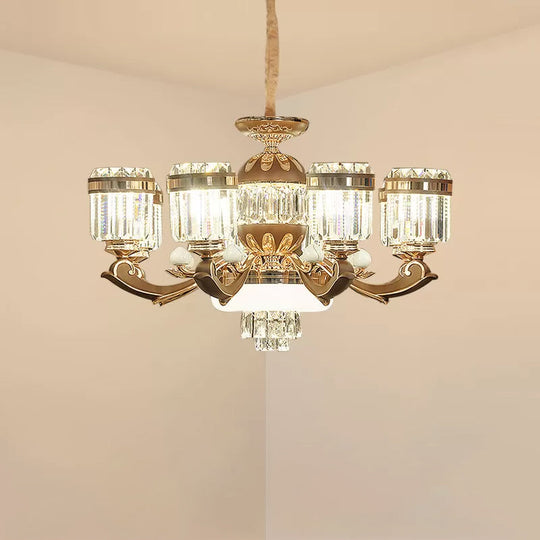 Modern 6/8-Light Gold Chandelier Pendant with Crystal Block Shade for Living Room Ceiling