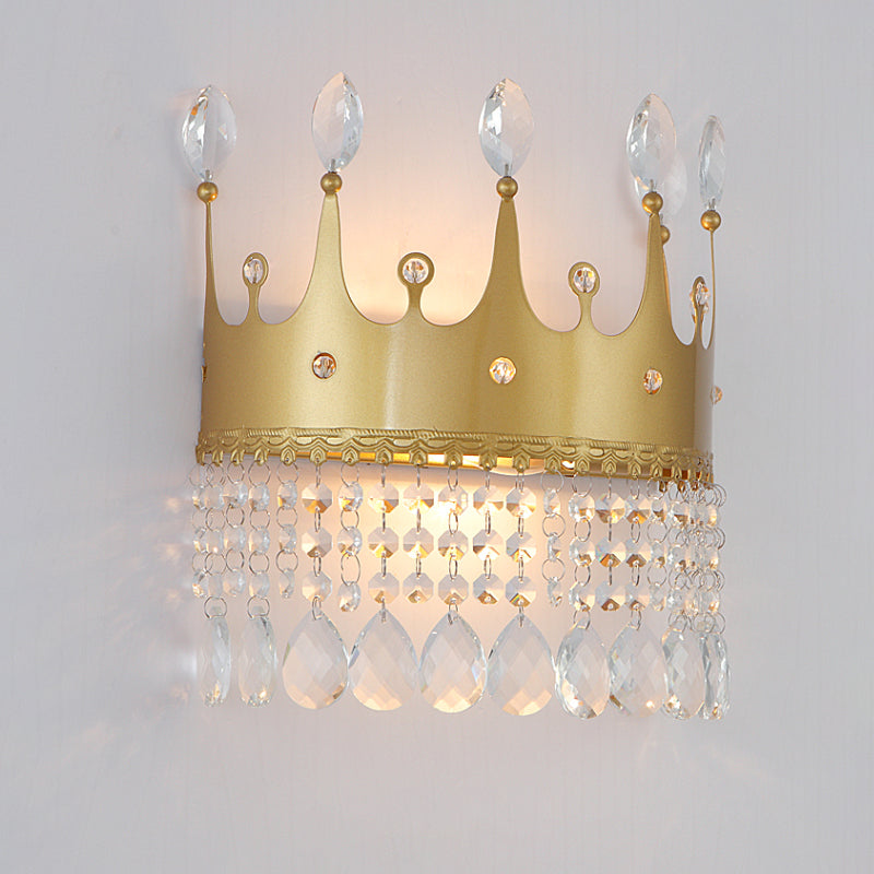 Modern Gold Crown Wall Sconce With Crystal Droplet - 2 Bulbs Metallic Lamp