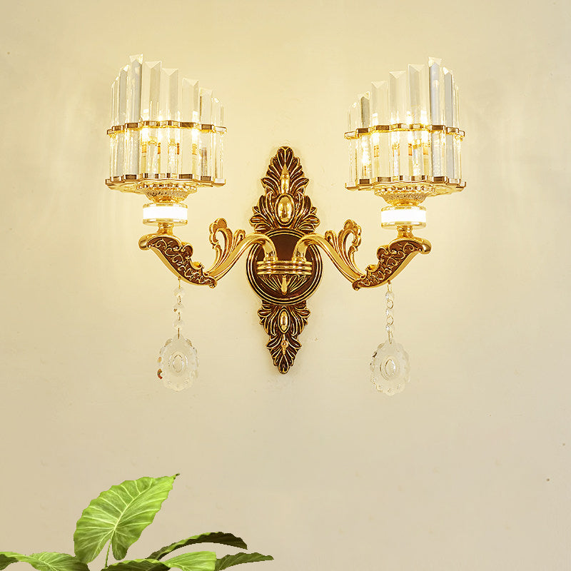Gold Wall Mount Light Arc Sconce Lamp For Corners - Modern Crystal Block Fixture