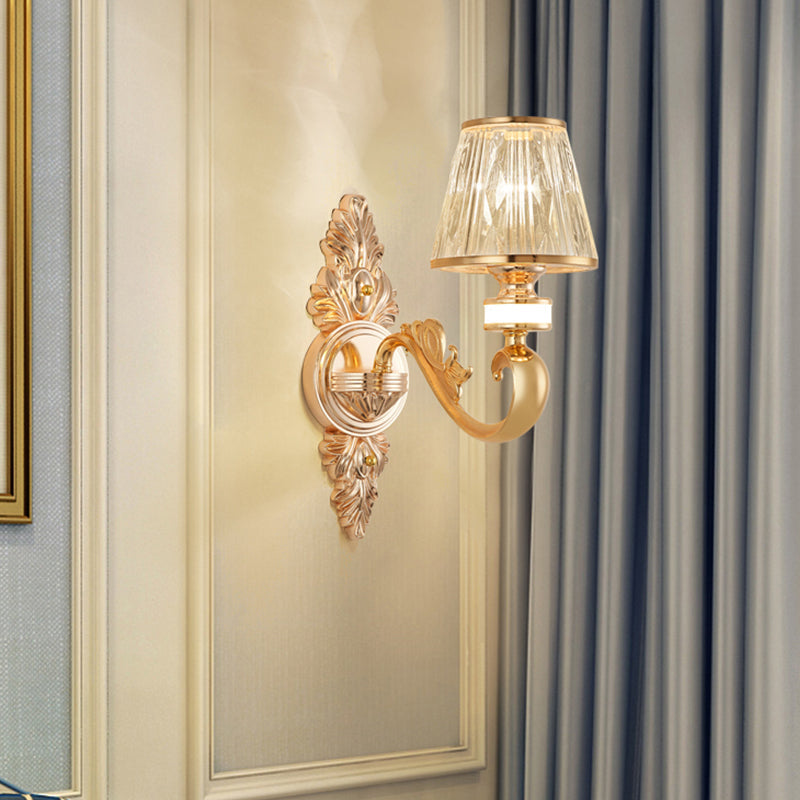 Modern Gold Wall Sconce With Crystal Cone Shade - Bedside/Room Fixture 1 /