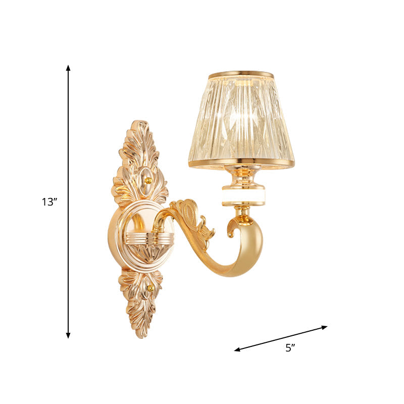 Modern Gold Wall Sconce With Crystal Cone Shade - Bedside/Room Fixture