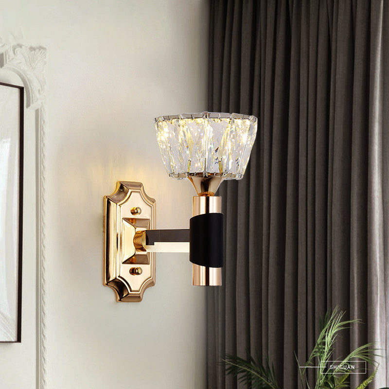 Minimalist Black & Gold Crystal Block Wall Sconce Half-Light Bowl Lamp 1 / Black-Gold