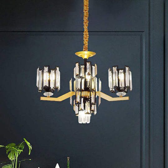 Modern Cylinder Crystal Pendant Chandelier Lamp With 4/7 Lights | Black & Gold Fixture For Living