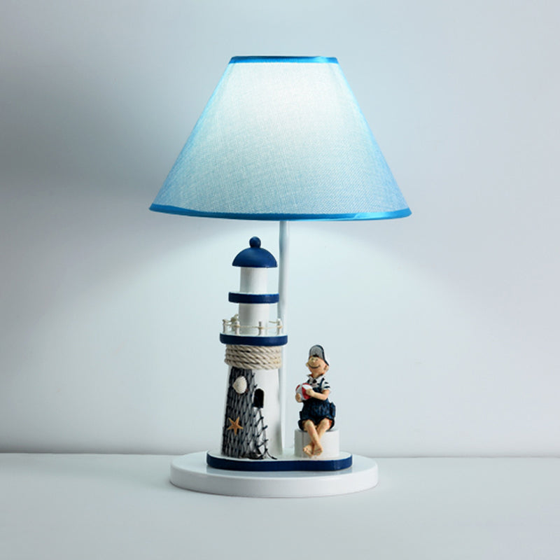 Whimsical Lighthouse Table Lamp - Boy/Girl Cartoon Resin Night Stand Light (White/Blue 1 Light)