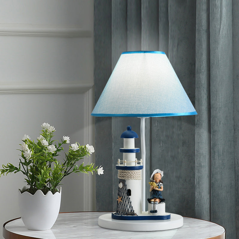 Whimsical Lighthouse Table Lamp - Boy/Girl Cartoon Resin Night Stand Light (White/Blue 1 Light) Blue