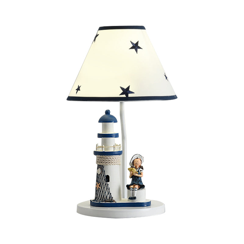 Whimsical Lighthouse Table Lamp - Boy/Girl Cartoon Resin Night Stand Light (White/Blue 1 Light)