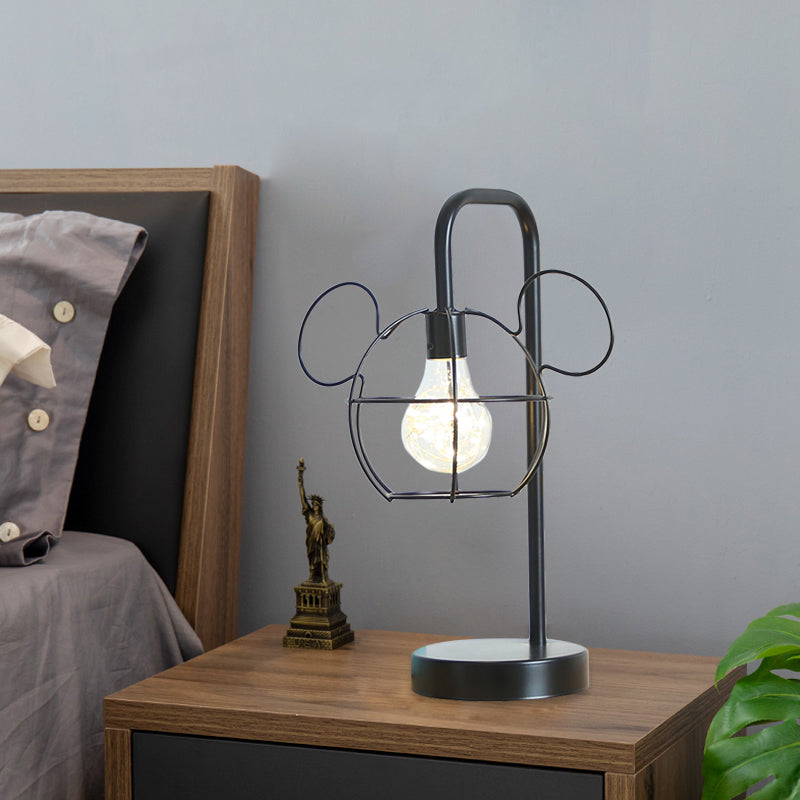 Black Mouse Head Led Nightstand Lamp For Kids With Adjustable Gooseneck Arm And Cage Design