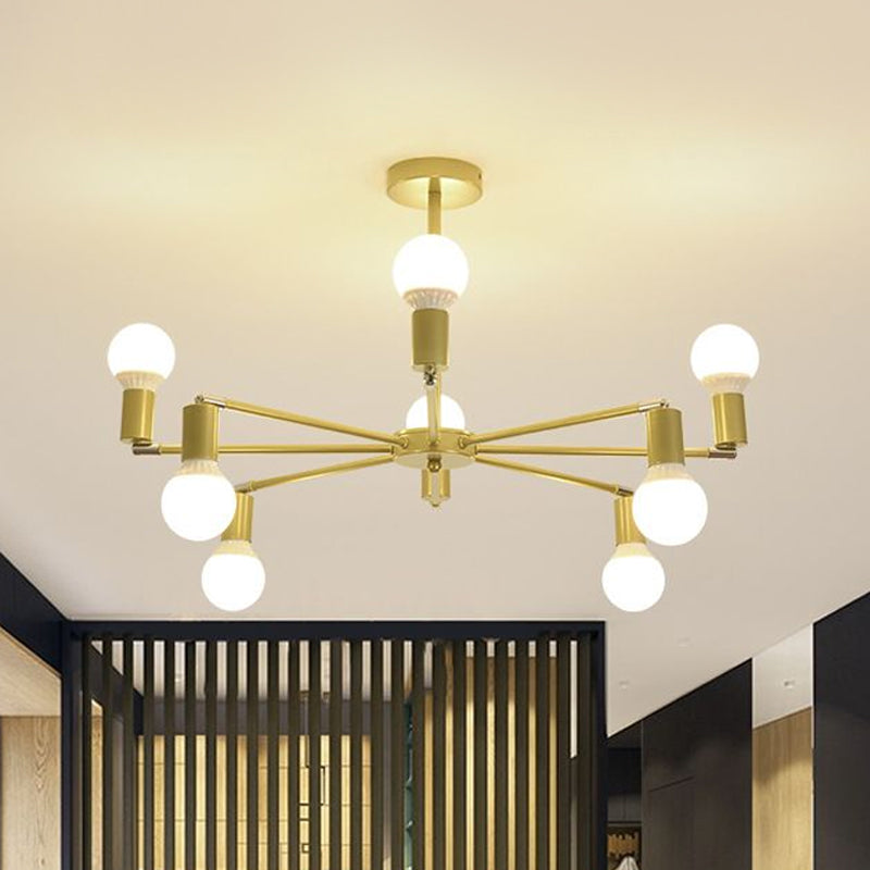 Gold Radial Metal Chandelier with Hanging Lights for Bedroom - Modern Design with Bare Bulb