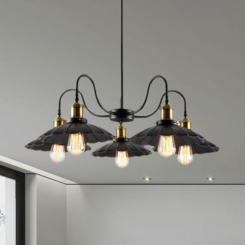 Industrial Metal Chandelier with Scalloped Design - Black Finish, 5 Heads, Indoor Pendant Lighting