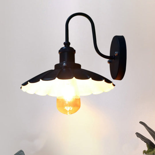 Industrial Gooseneck Wall Sconce With Scalloped Shade 1 Light - Black 9.5/13 Width