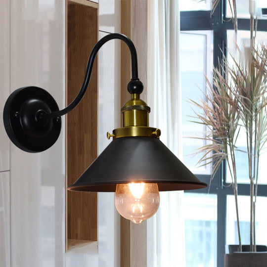 Industrial Metal Cone Wall Sconce Light For Corridor - Black One Fixture
