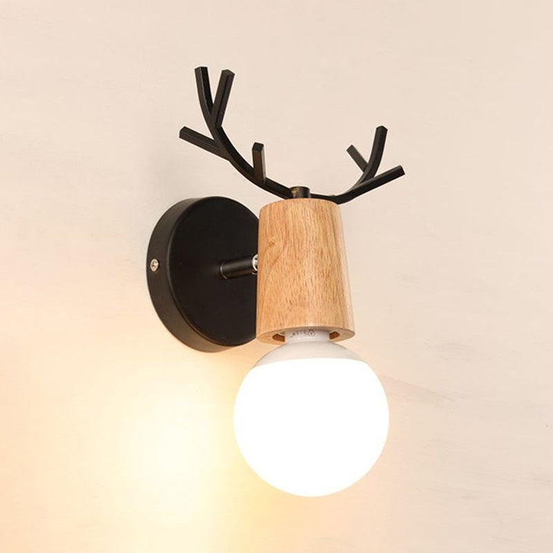 Bare Bulb Sconce With Deer Horn Accent - Modern Black/White Metal And Wood Wall Lamp