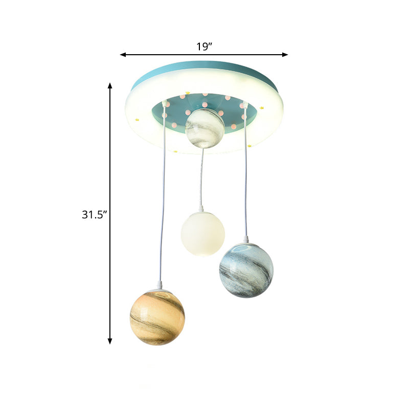 Kids Stained Glass Planet Ceiling Light - Multi-Pendant Blue 4 Heads Circle Glow Canopy