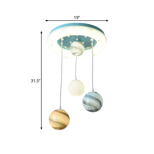 Kids Stained Glass Planet Ceiling Light - Multi-Pendant Blue 4 Heads Circle Glow Canopy