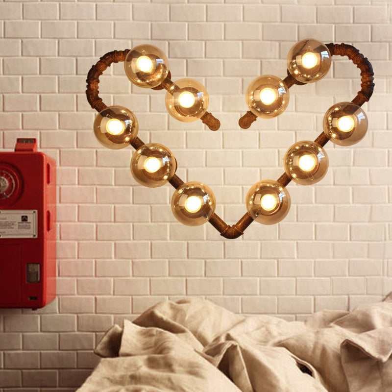 Industrial Metal Wall Sconce - Heart Shape Pipe Design With 10 Bulbs Rust Finish And Ball Clear
