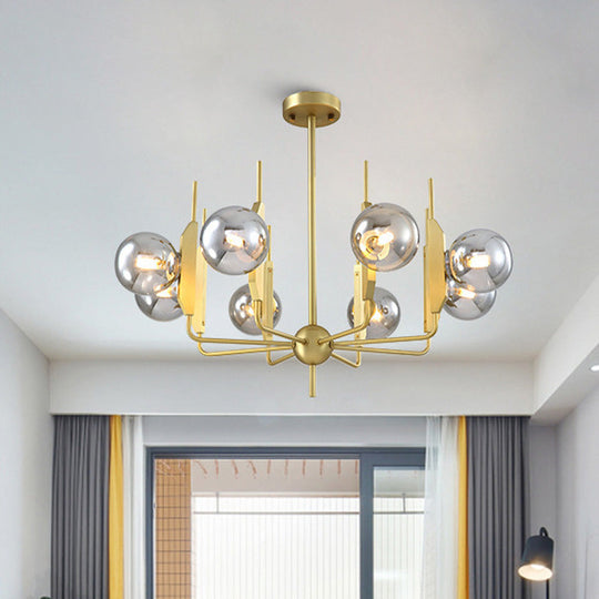 Modern 8-Light Gold Chandelier With Milk White/Smoke Gray Glass Shades For Living Room Ceiling /