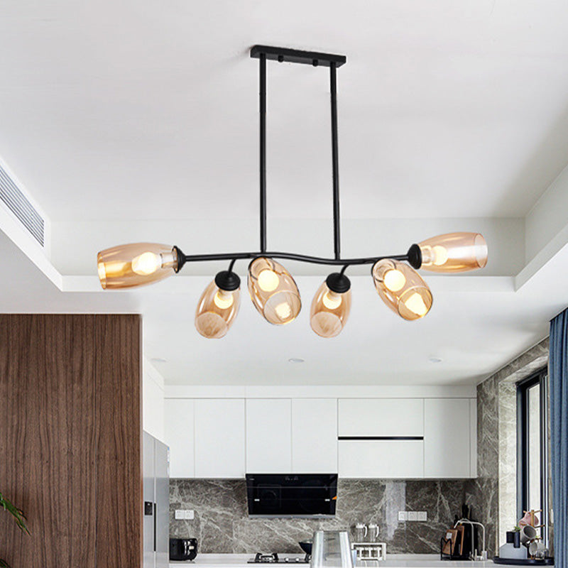 Modern Island Pendant Light With Clear/Amber Glass Shade And Black Branch Design - 6-Bulb Ceiling