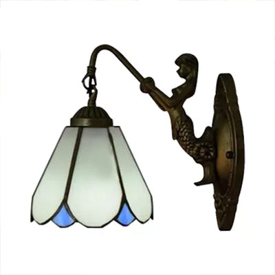 Tiffany White/Blue Glass Sconce Wall Light Fixture With Mermaid Backplate White