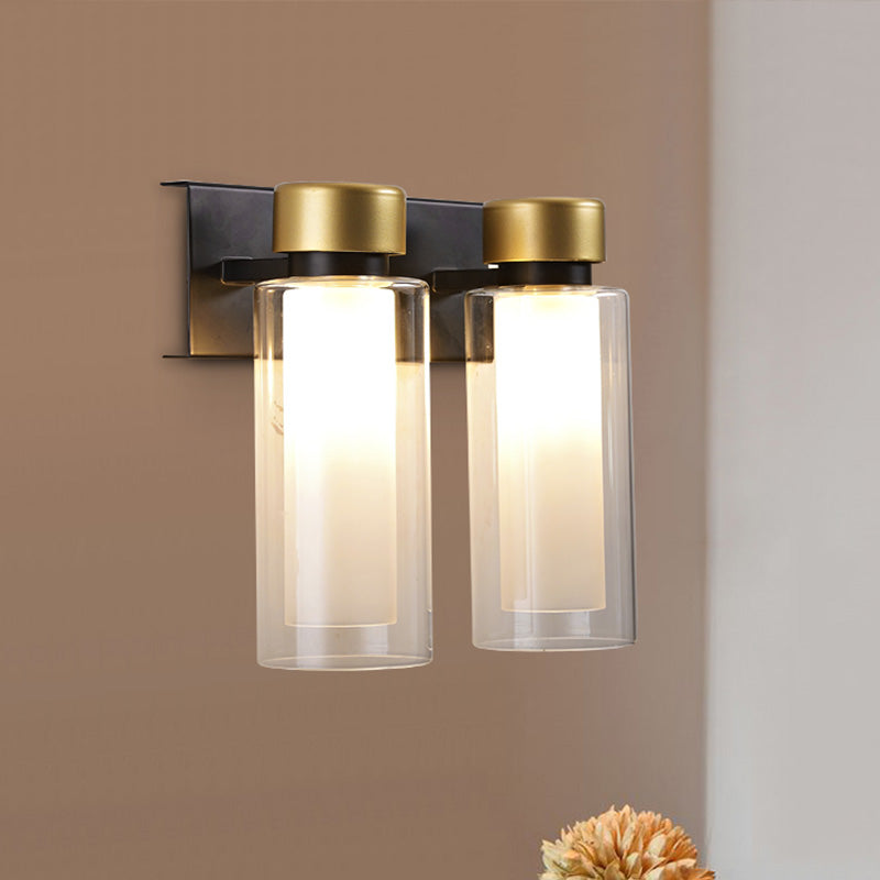 Modern Dual Cylinder Brass Sconce Light Fixture With Clear Glass - 2 Bulbs Led Wall Mount Lamp