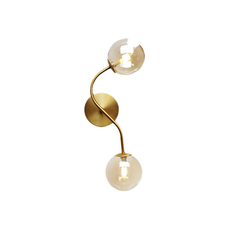 Modern Brass Wall Lamp Sconce With Clear/Tan Glass - Ball Stairway 2-Light Led