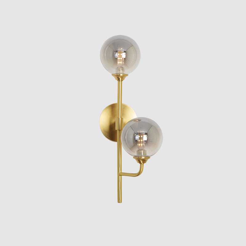 Amber/Smoke Gray Glass 2-Head Led Wall Sconce - Sphere Bathroom Mount Light With Brass Finish