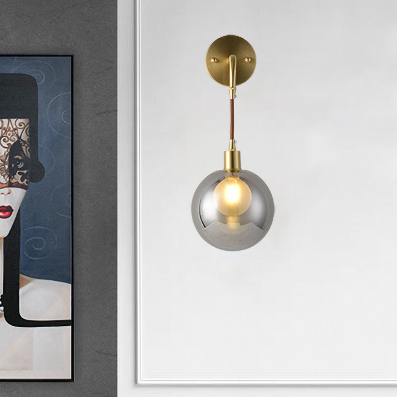 Modern Brass Corner Wall Light With Smoke Gray Glass Shade - 1 Fixture