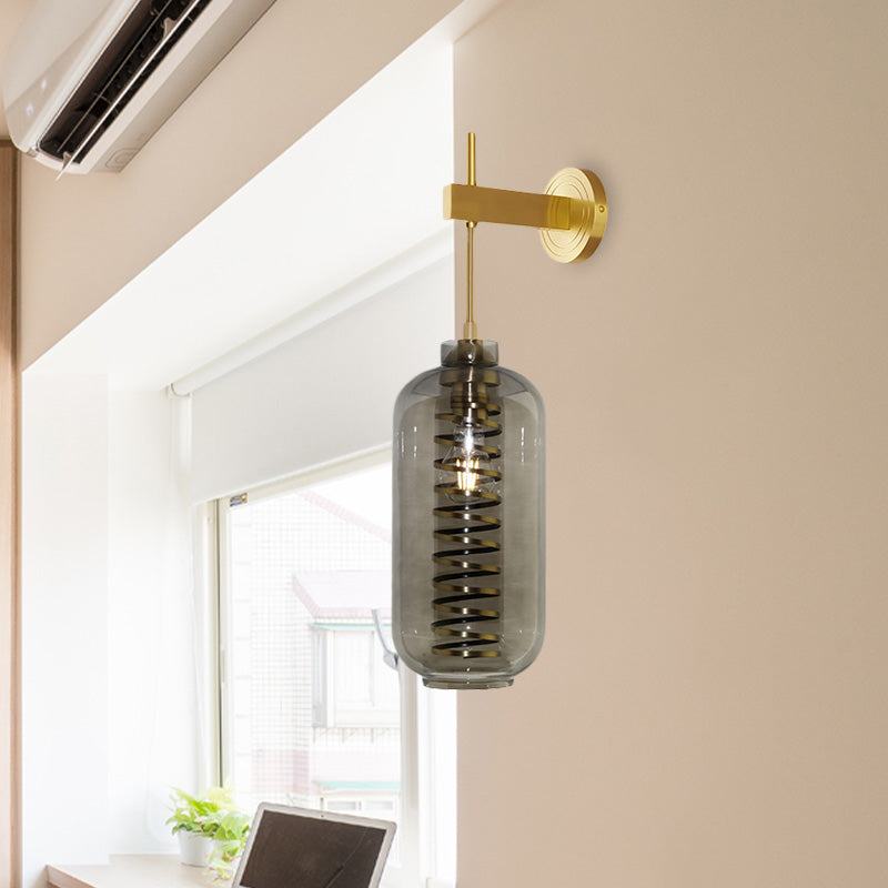 Brass Mounted Smoke Gray Glass Wall Sconce Light - Post-Modern Cylinder Lamp