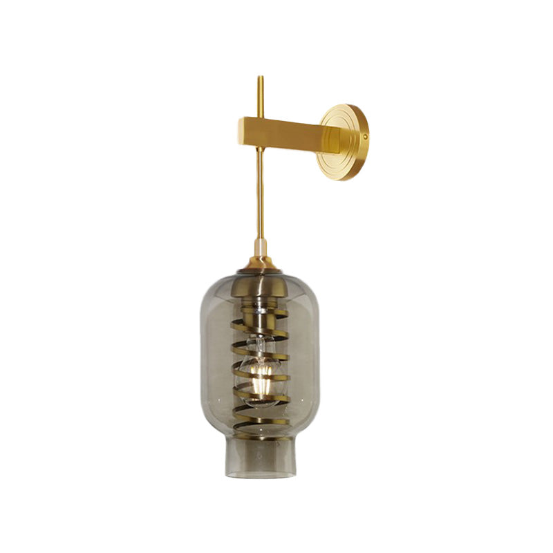 Smoke Gray Glass Wall Lantern Postmodern Brass Sconce For Tea Room
