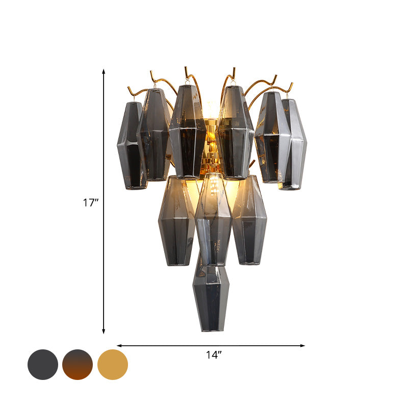Modernist Amber/Smoke Gray/Grey And Yellow Glass 3-Tier Diamond Wall Lighting - 7-Light Mounted Lamp
