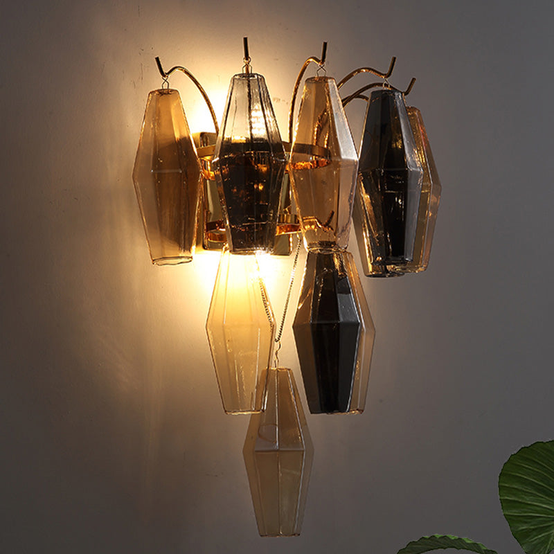 Modernist Amber/Smoke Gray/Grey And Yellow Glass 3-Tier Diamond Wall Lighting - 7-Light Mounted Lamp