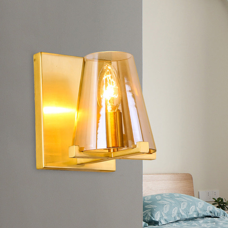 Post-Modern Rectangle Wall Sconce With Gold Finish Conic Amber Glass Shade & 1 Bulb