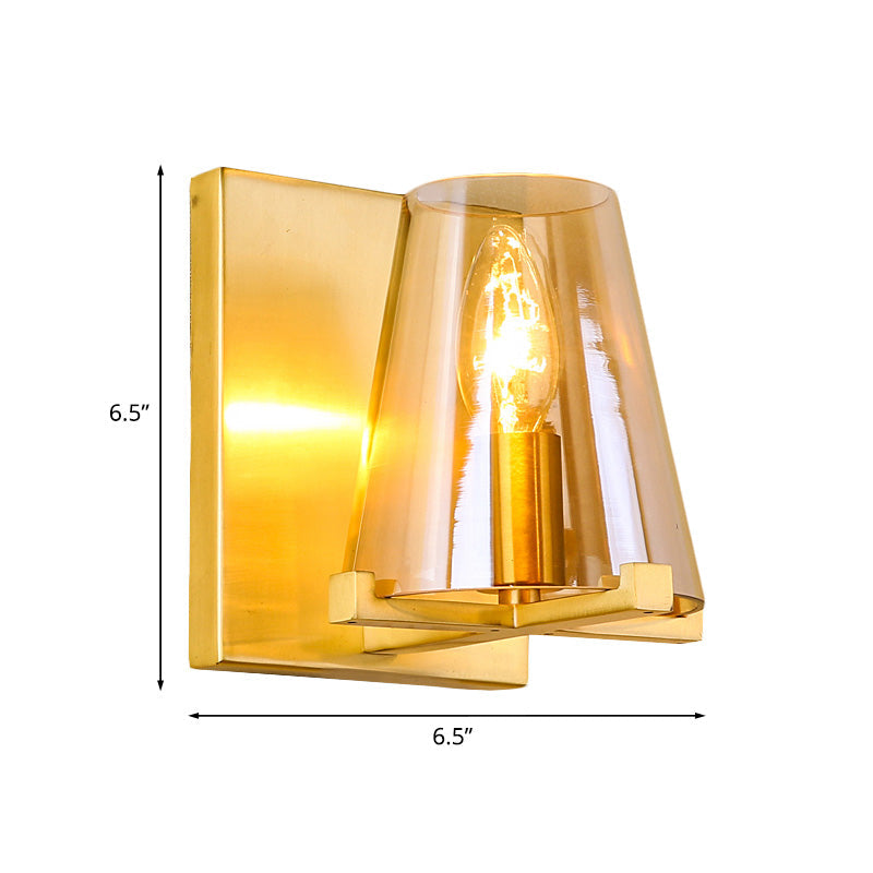 Post-Modern Rectangle Wall Sconce With Gold Finish Conic Amber Glass Shade & 1 Bulb
